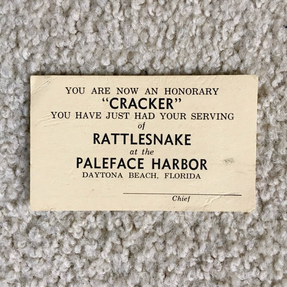 Vintage 1960s PALEFACE HARBOR RESTAURANT Honorary Cracker Rattlesnake Card RARE!